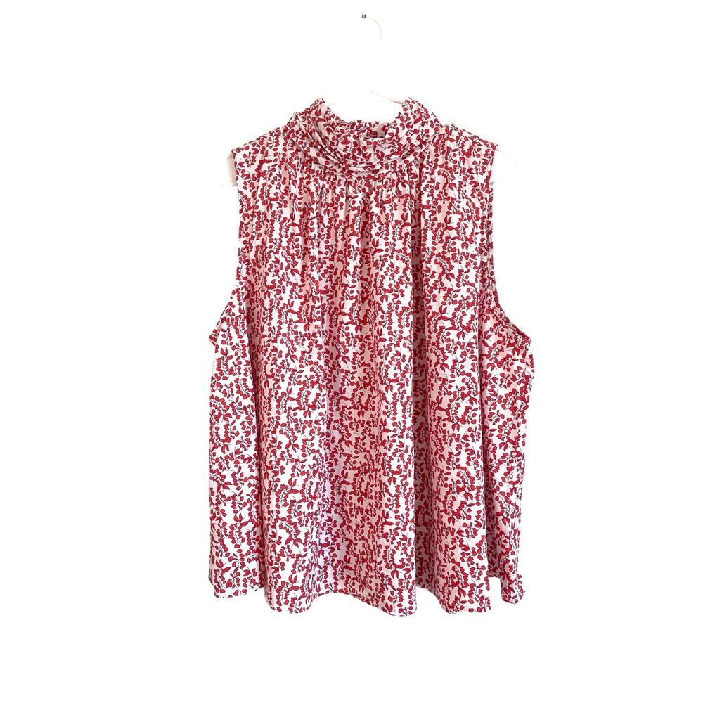 Lands' End Sleeveless Red & White Printed Mock Neck Blouse